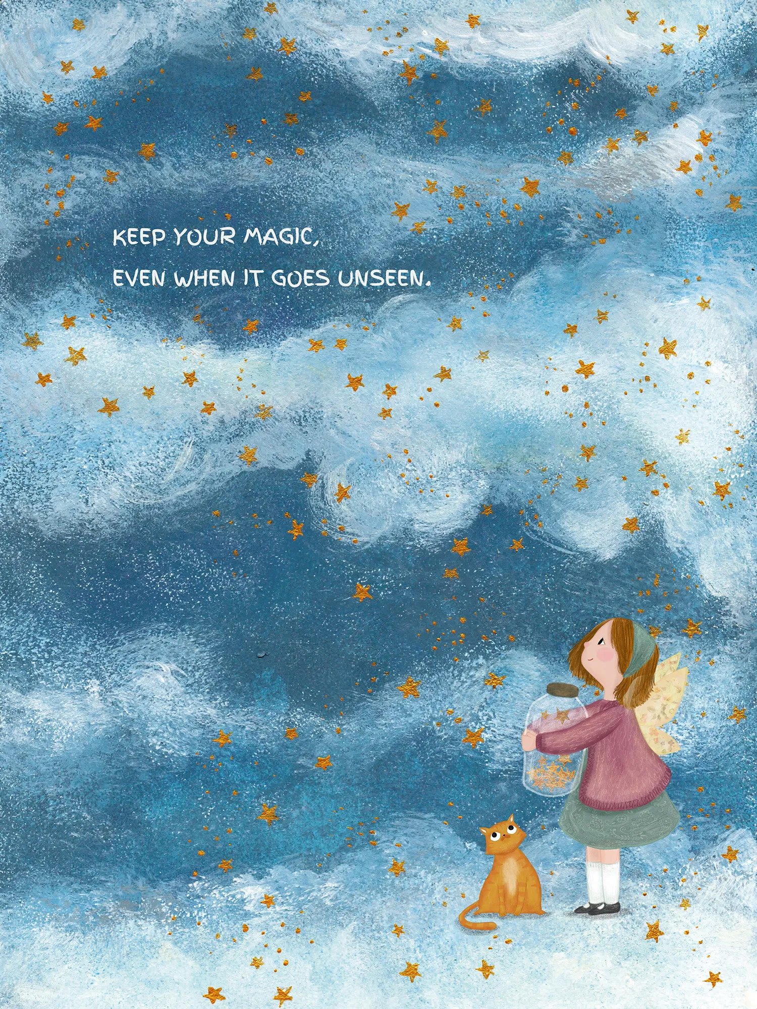 Ilustração infantil com menina e gato num céu estrelado, pintada com pigmentos naturais